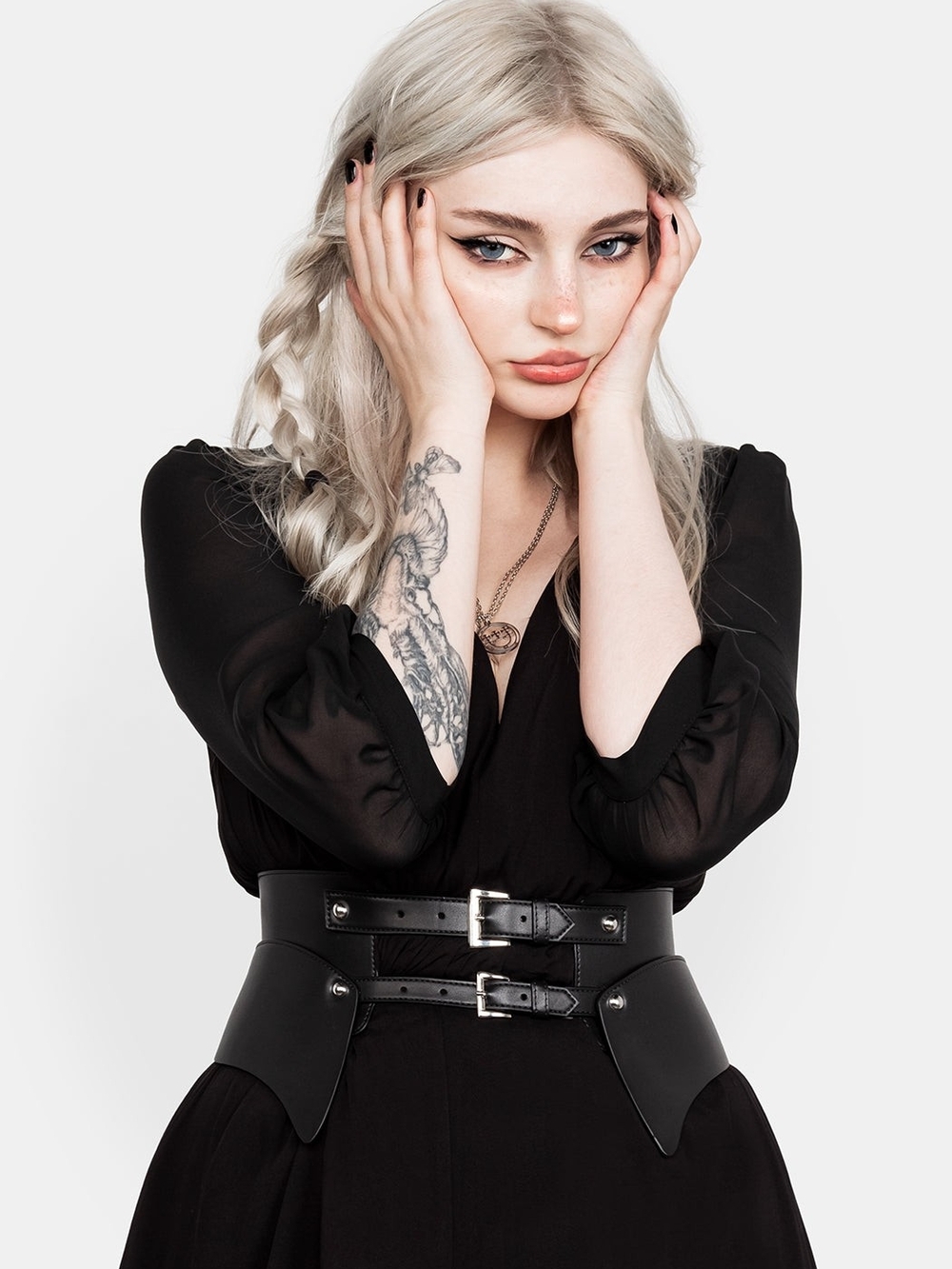 Disturbia Black Double Strap Corset Belt with Silver Buckles